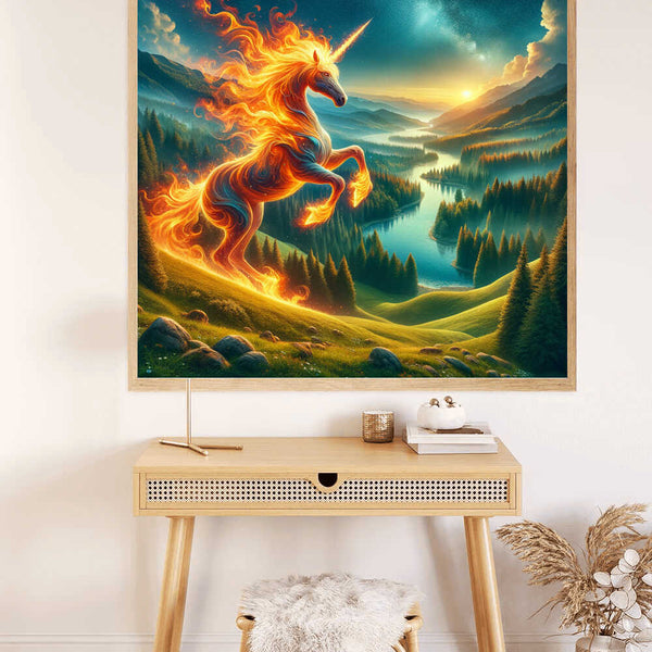 Paint by Numbers Fire Unicorn in a mythical landscape displayed above a desk and chair.