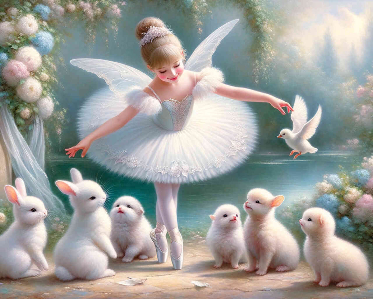 Girl, ballerina with animal babies - Paint by Numbers
