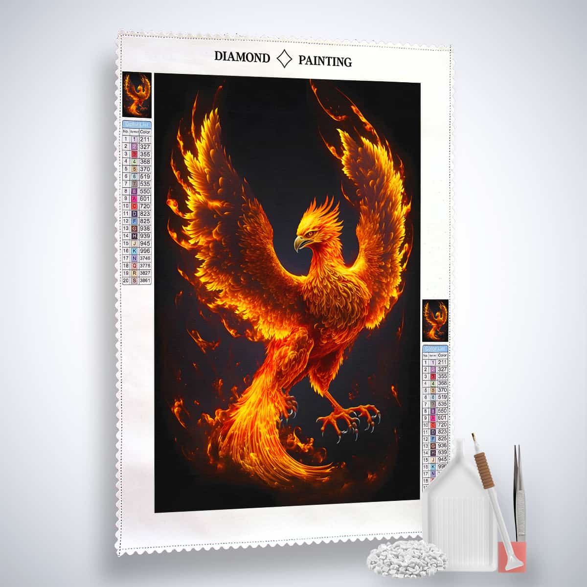 Diamond Painting kit featuring a stunning Fire Phoenix design with sparkling acrylic diamonds, tools, and canvas for a paint by numbers experience