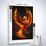 Diamond Painting kit featuring a stunning Fire Phoenix design with sparkling acrylic diamonds, tools, and canvas for a paint by numbers experience