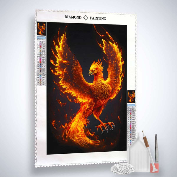 Diamond Painting kit featuring a stunning Fire Phoenix design with sparkling acrylic diamonds, tools, and canvas for a paint by numbers experience