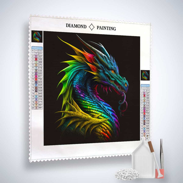 Diamond Painting Kit featuring a vibrant, colorful dragon design with included tools for paint by numbers crafting