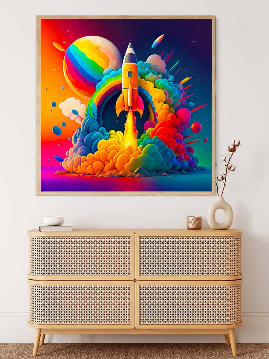 AB Diamond Painting - Neon rocket takes off with rainbow clouds against a colorful cosmic background above a modern drawer.