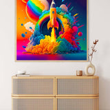 AB Diamond Painting - Neon rocket takes off with rainbow clouds against a colorful cosmic background above a modern drawer.