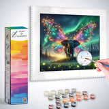 Paint by Numbers kit featuring a magical elephant with butterfly wings in a mystical green forest under a starry sky.