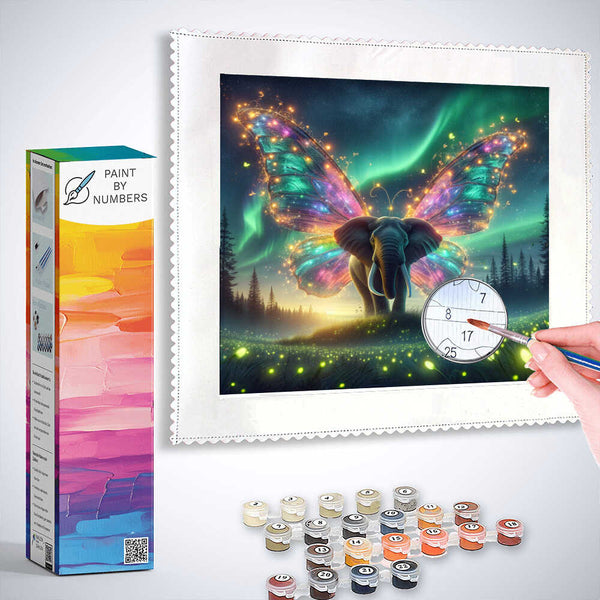 Paint by Numbers kit featuring a magical elephant with butterfly wings in a mystical green forest under a starry sky.