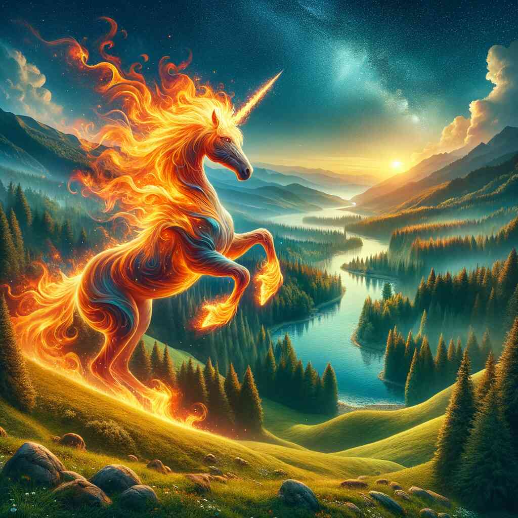 Paint by Numbers - Fire Unicorn, majestic flaming unicorn overlooking a serene valley at sunset