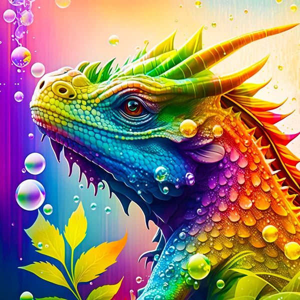 Vibrant dragon portrait diamond painting kit with rainbow colors and bubbles, featuring enhanced acrylic diamonds for a sparkling finish