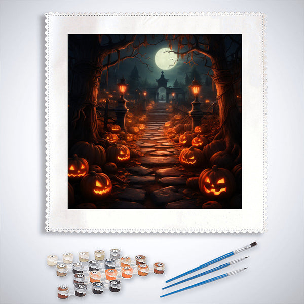 Paint by Numbers Halloween sea of lights kit with jack-o-lanterns, moonlit path, paints, and brushes.