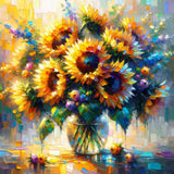 Paint by Numbers - Sunshine and Play of Colors vibrant sunflowers in impressionistic style with dynamic brushstrokes and colorful background