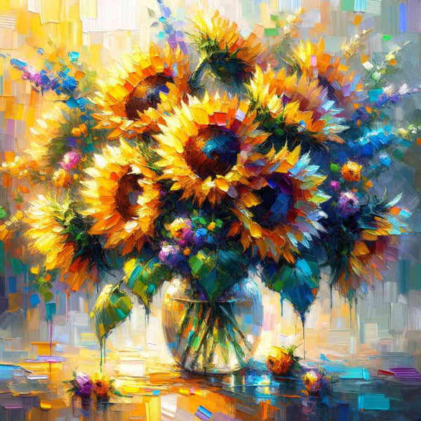 Paint by Numbers - Sunshine and Play of Colors vibrant sunflowers in impressionistic style with dynamic brushstrokes and colorful background
