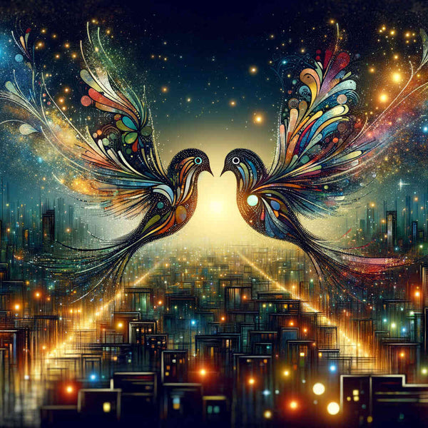 Paint by Numbers - Two vibrant birds in front of a shimmering city with starry wings, merging fantasy and a sparkling metropolis.