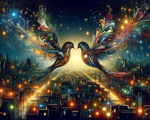 Paint by Numbers - Two vibrant birds in front of a shimmering city with starry wings, merging fantasy and a sparkling metropolis.