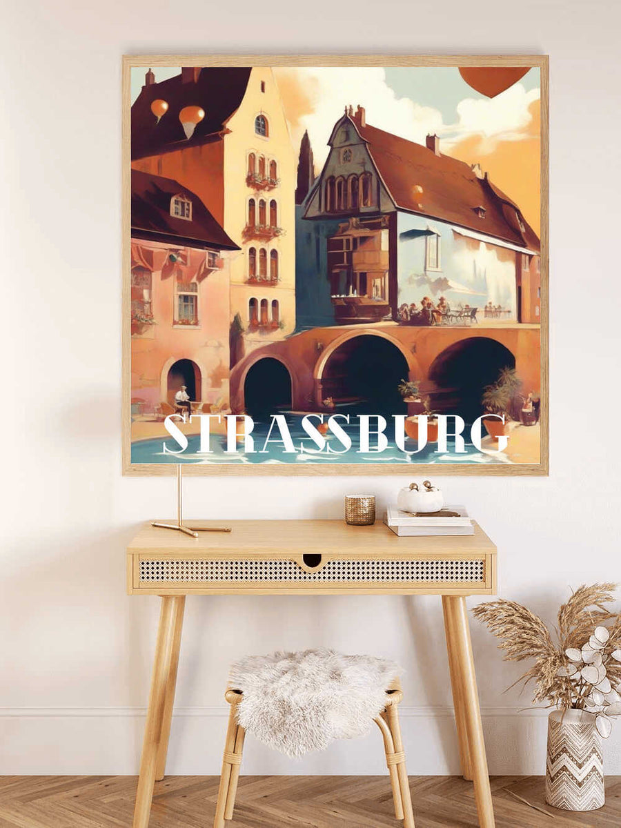 Paint by Numbers - Sunset in Strasbourg art displayed above a wooden desk in a cozy room