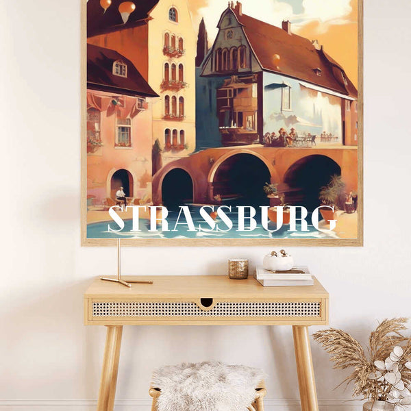 Paint by Numbers - Sunset in Strasbourg art displayed above a wooden desk in a cozy room