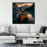 Diamond Painting - Boat ride in mountain paradise displayed above a white sofa in a modern living room, perfect for Paint by Numbers enthusiasts.
