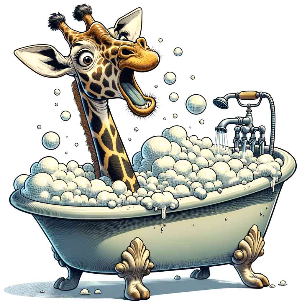 Paint by Numbers - Giraffe enjoying a bubble bath in antique tub with foam bubbles, smiling giraffe in modern art.