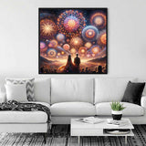 Paint by Numbers - fireworks of emotions displayed on a living room wall, showcasing a vibrant fireworks scene with a couple in the foreground.