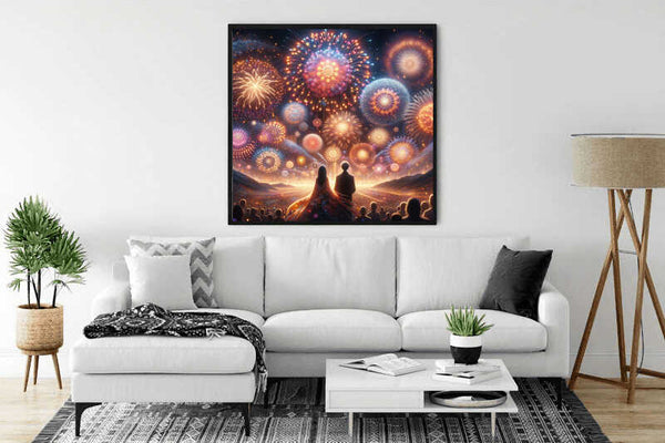Paint by Numbers - fireworks of emotions displayed on a living room wall, showcasing a vibrant fireworks scene with a couple in the foreground.