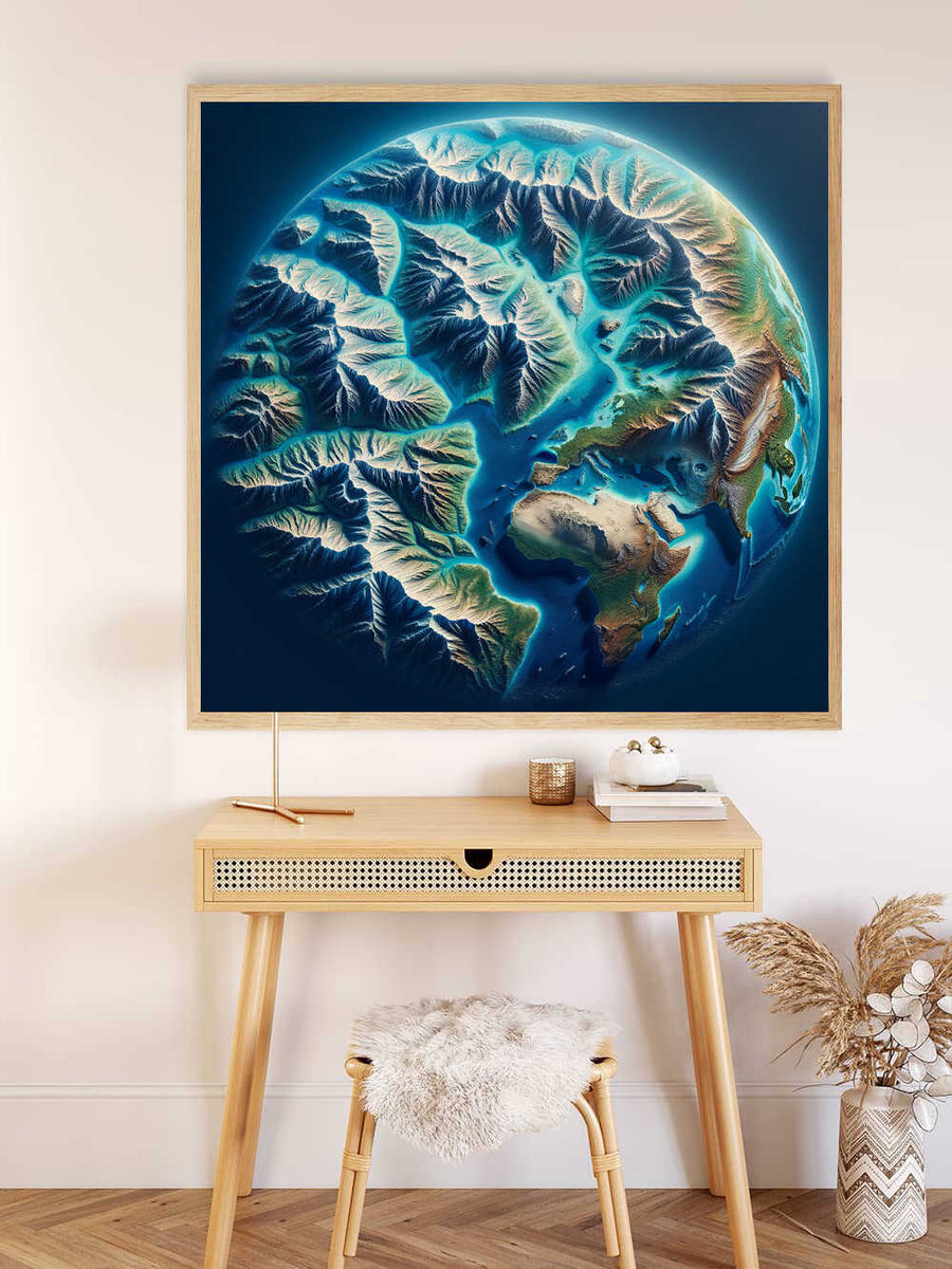 Paint by Numbers artwork "Sublime Earth" depicting an abstract, vibrant turquoise Earth above a modern wooden desk and chair.