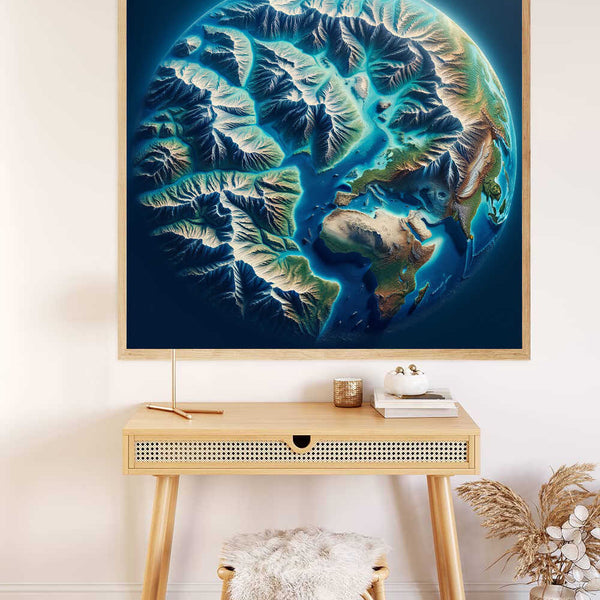 Paint by Numbers artwork "Sublime Earth" depicting an abstract, vibrant turquoise Earth above a modern wooden desk and chair.