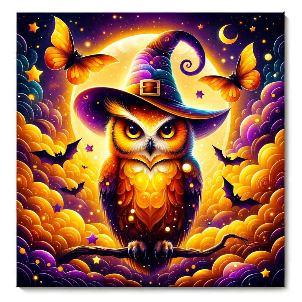 Paint by Numbers - Owl with witch hat and bats