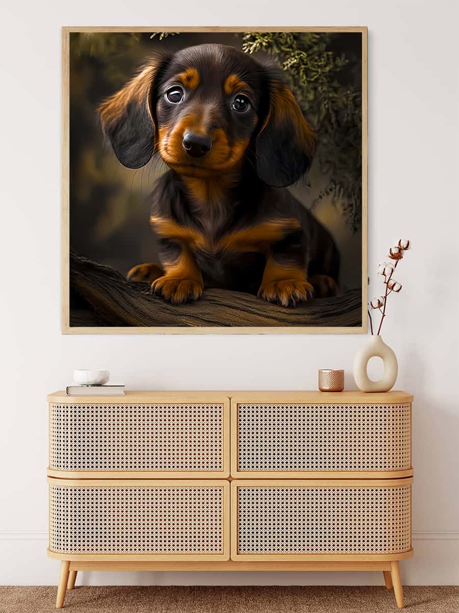 Diamond Painting - Dachshund looks at camera on professional canvas. Complete paint by numbers kit with enhanced acrylic diamonds.