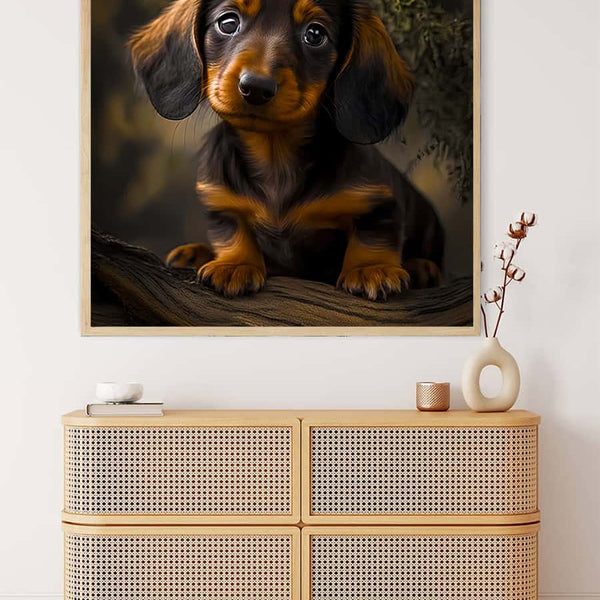 Diamond Painting - Dachshund looks at camera on professional canvas. Complete paint by numbers kit with enhanced acrylic diamonds.