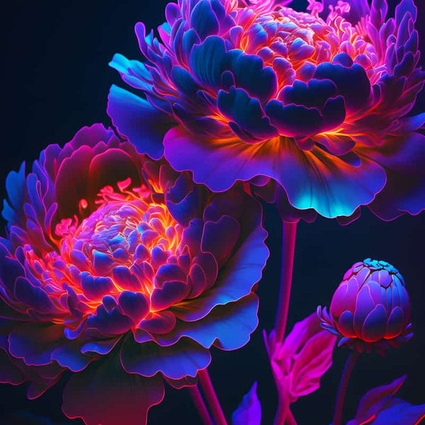 Vibrant diamond painting of radiant flowers in bright neon colors, part of the AB Diamond Painting kit, ideal for paint by numbers enthusiasts.