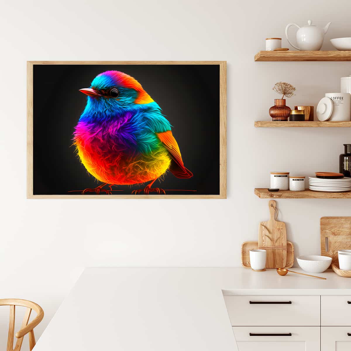 AB Diamond Painting - Neon Wellensittig Paint by Numbers kit displayed in a modern kitchen.