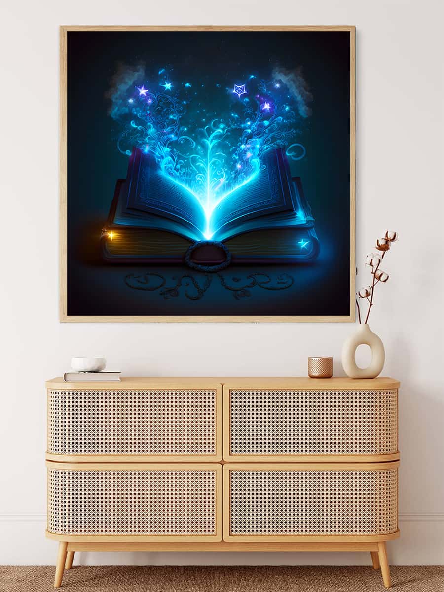 Diamond Painting - Wondrous Book displayed above a wooden dresser, showcasing sparkling art in a home setting, perfect for paint by numbers enthusiasts.