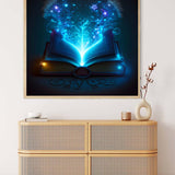 Diamond Painting - Wondrous Book displayed above a wooden dresser, showcasing sparkling art in a home setting, perfect for paint by numbers enthusiasts.
