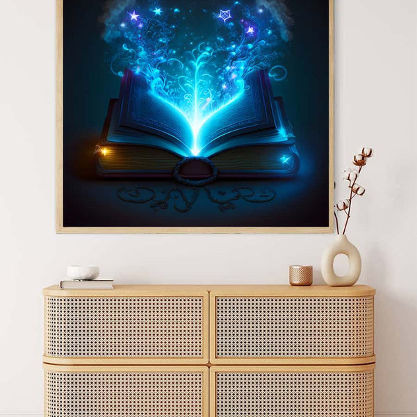 Diamond Painting - Wondrous Book displayed above a wooden dresser, showcasing sparkling art in a home setting, perfect for paint by numbers enthusiasts.