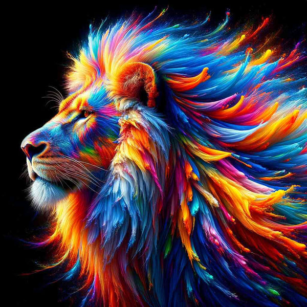 Paint by Numbers - King's Splendor of Colors featuring a majestic lion with a vibrant, colorful mane in blues, reds, and yellows, evocative and surreal.