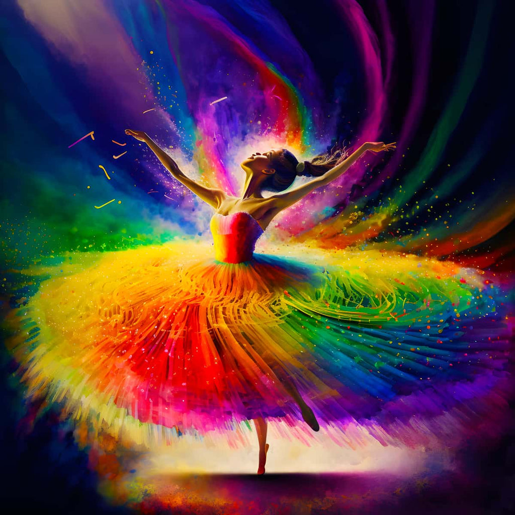 Colorful ballerina in a vibrant, rainbow-themed diamond painting kit for paint by numbers art.