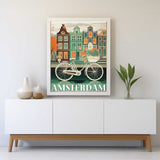 Paint by Numbers - Amsterdams Idyll framed artwork featuring a bicycle by a canal with angular houses, displayed on a minimalistic white console table.