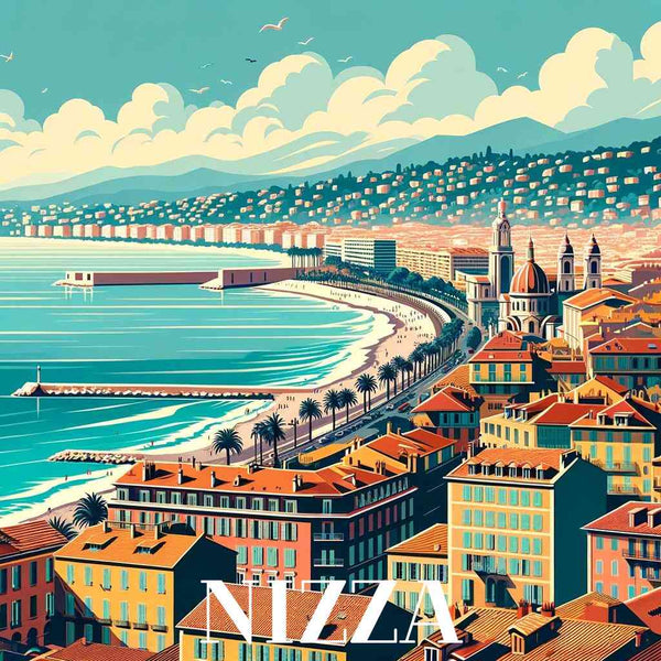 Paint by Numbers - Riviera Träume depicting a vibrant coastal town with orange rooftops, azure seas, and a setting sun, titled "Nizza".