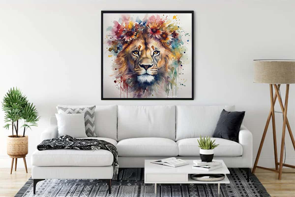 Vibrant Diamond Painting of Lion King displayed in a modern living room above a white sofa.