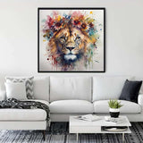Vibrant Diamond Painting of Lion King displayed in a modern living room above a white sofa.