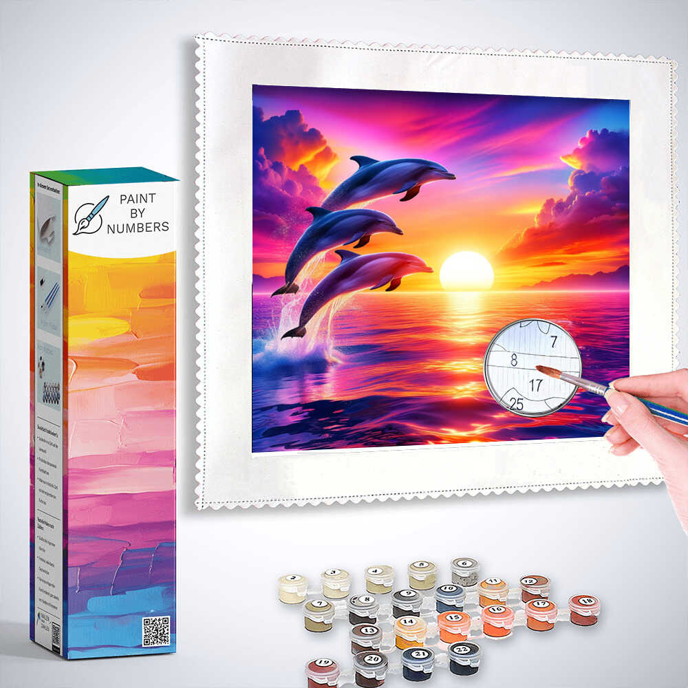 Paint by Numbers kit Dance of the Ocean with dolphins leaping against a vibrant sunset sky, showcasing maritime fantasy theme