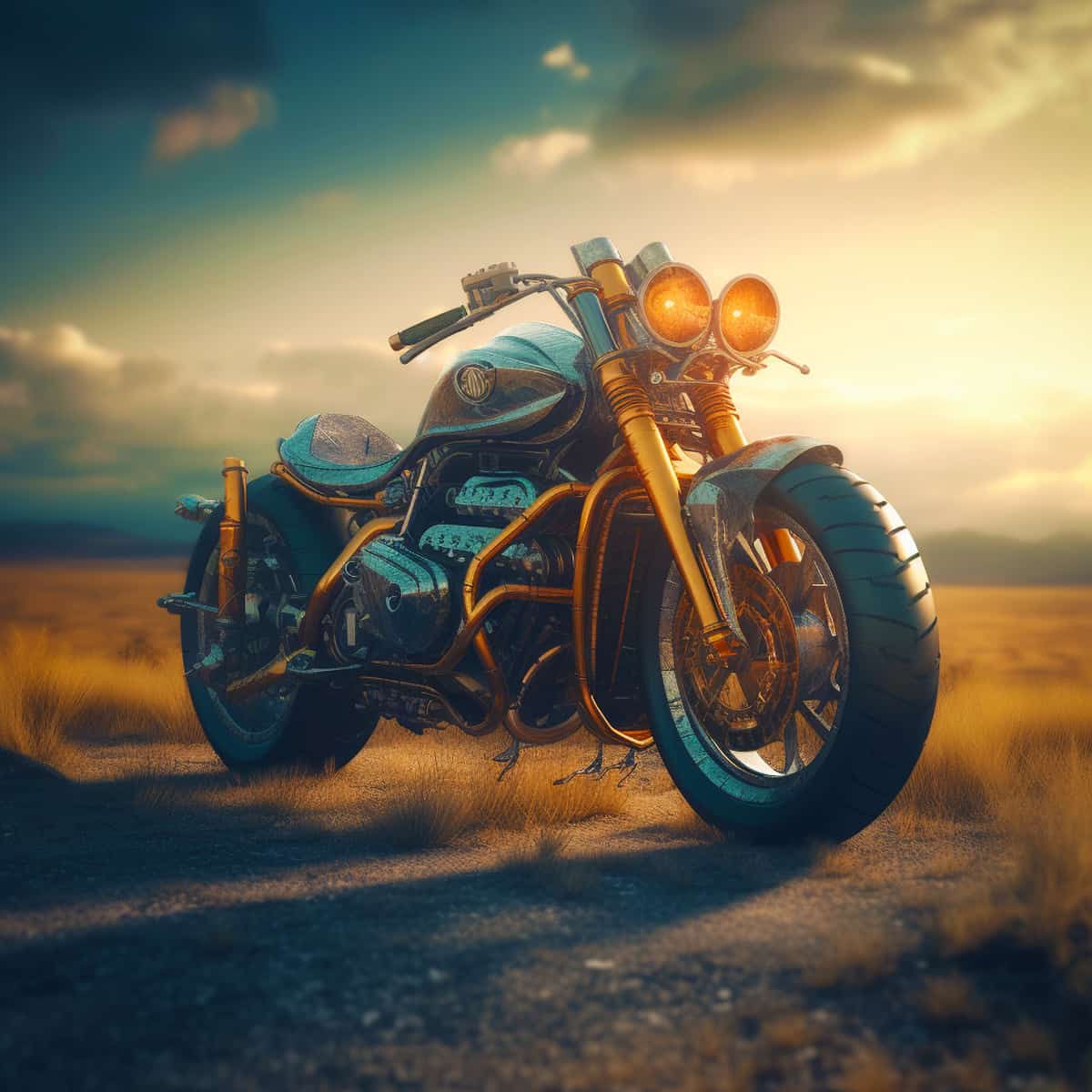 Vintage motorcycle on an open road at sunset, used for Diamond Painting - Road Cruiser kit.