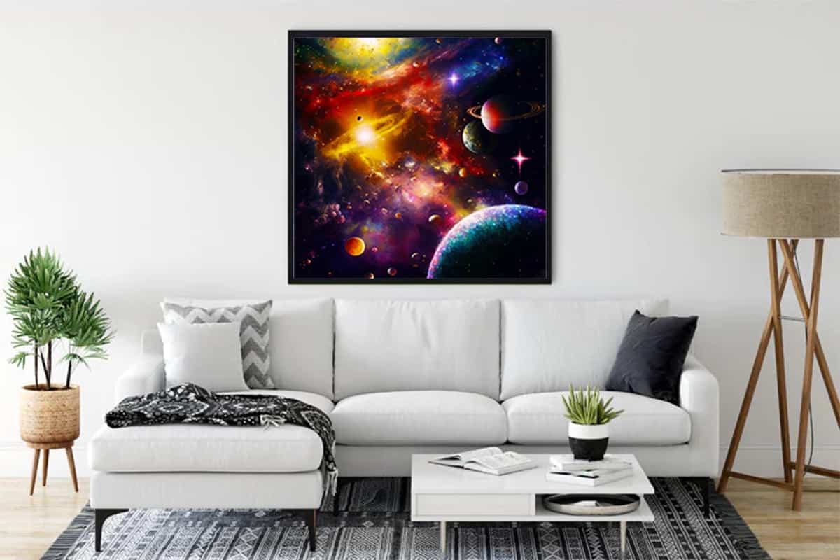 Diamond Painting of a vibrant space nebula hanging above a cozy white sofa in a modern living room.
