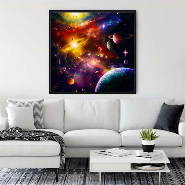 Diamond Painting of a vibrant space nebula hanging above a cozy white sofa in a modern living room.