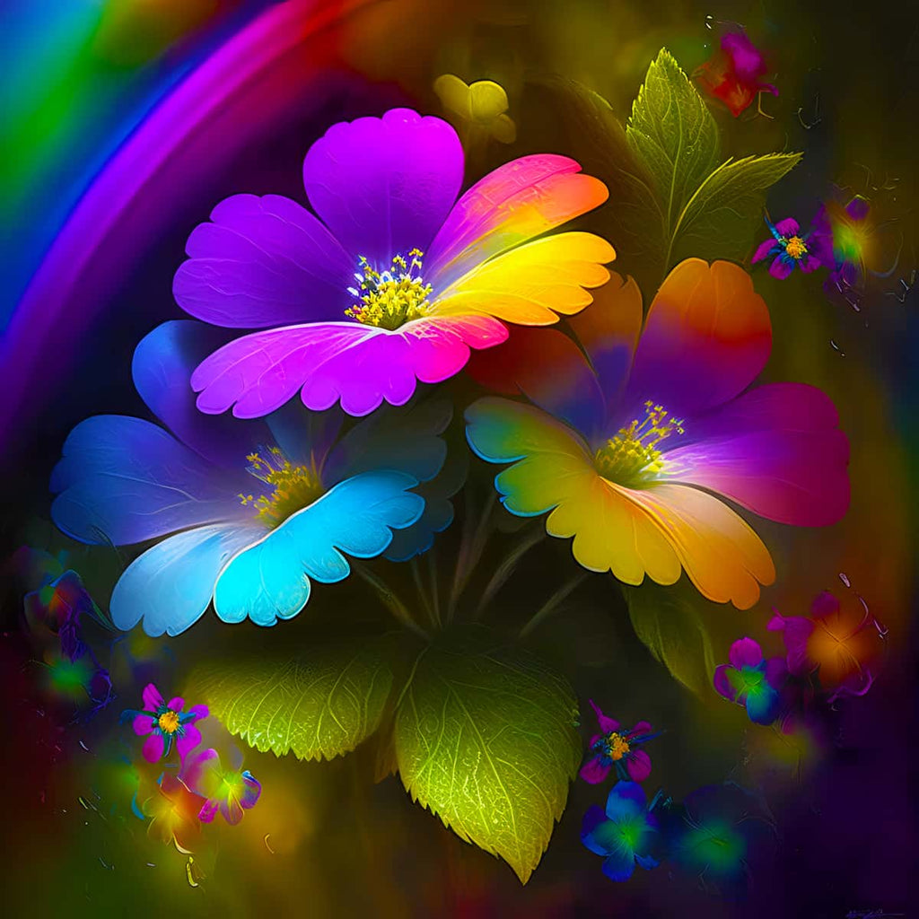 Vibrant AB Diamond Painting - Magic Flowers Frontal design with colorful petals and lush green leaves, perfect for Paint by Numbers kits.