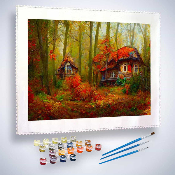 Malen nach Zahlen - Herbstwald Cottage - hochwertige Leinwand - Horizontal, Landschaft, Wald