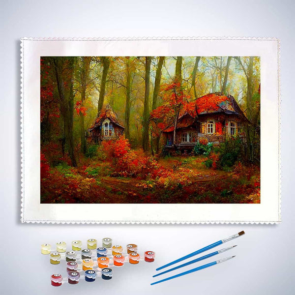 Malen nach Zahlen - Herbstwald Cottage - hochwertige Leinwand - Horizontal, Landschaft, Wald