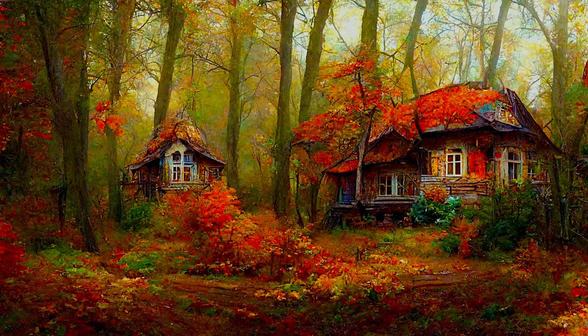 Malen nach Zahlen - Herbstwald Cottage - hochwertige Leinwand - Horizontal, Landschaft, Wald