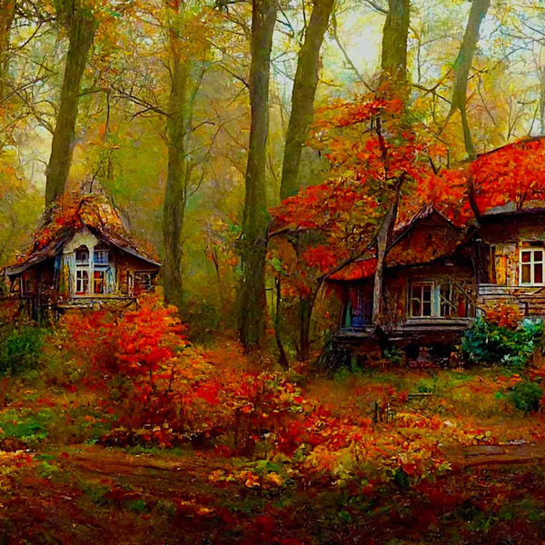 Malen nach Zahlen - Herbstwald Cottage - hochwertige Leinwand - Horizontal, Landschaft, Wald