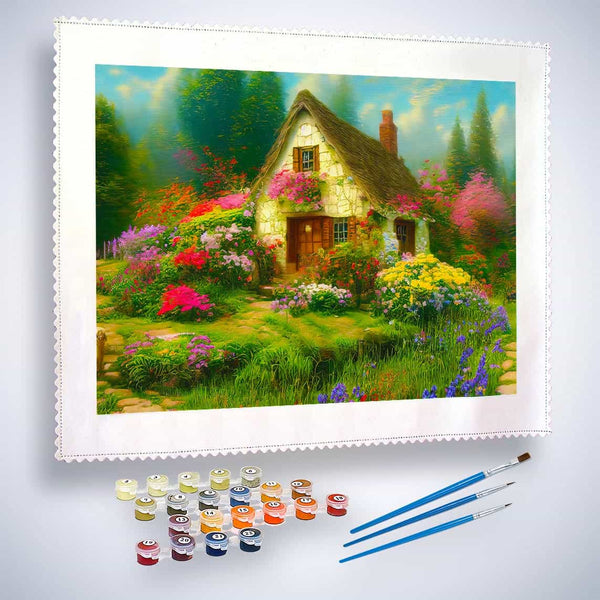 Malen nach Zahlen - Blumenhaus, Vintage - hochwertige Leinwand - Horizontal, Landschaft, Wald