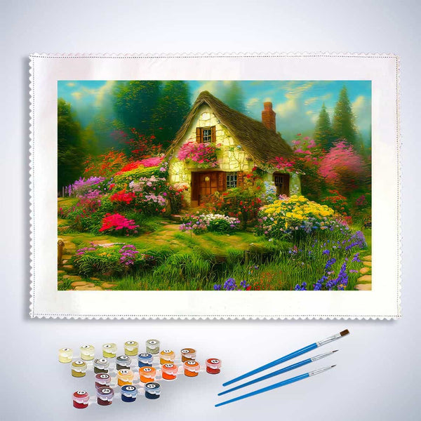 Malen nach Zahlen - Blumenhaus, Vintage - hochwertige Leinwand - Horizontal, Landschaft, Wald